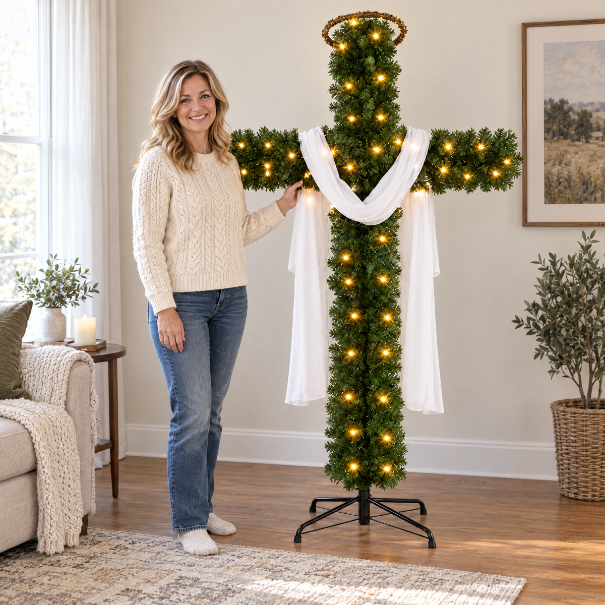 Woman standing next to the 6 ft FaithGlow cross tree for scale