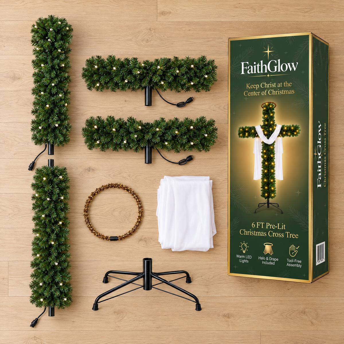 Everything included: 4 branch sections, halo ring, white drape, metal stand and box