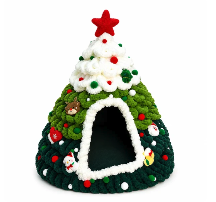 MerryTail Christmas Tree Cave dog bed - enclosed green knit dome with red star topper and pom-pom ornaments