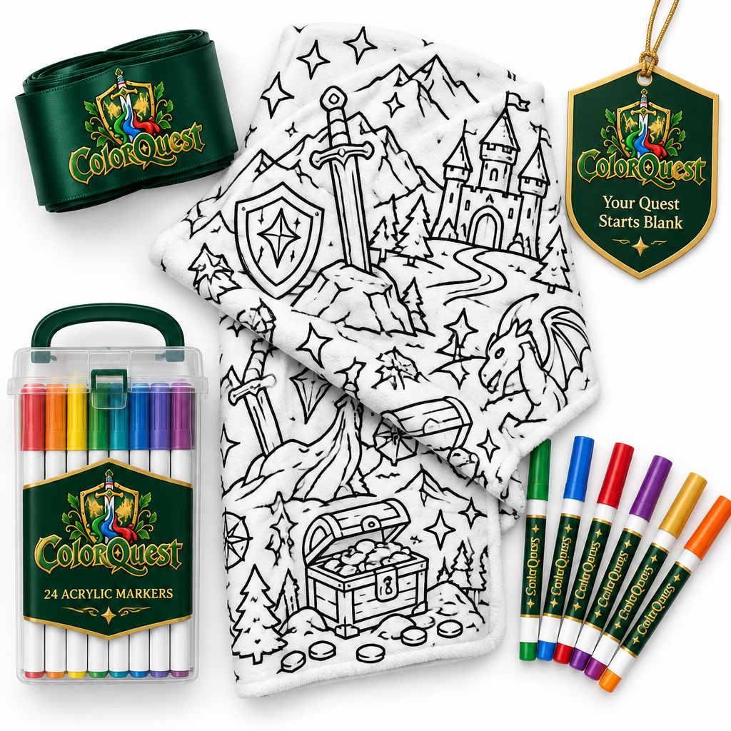 Everything in the ColorQuest kit: blanket, 24 markers, belly band and tag