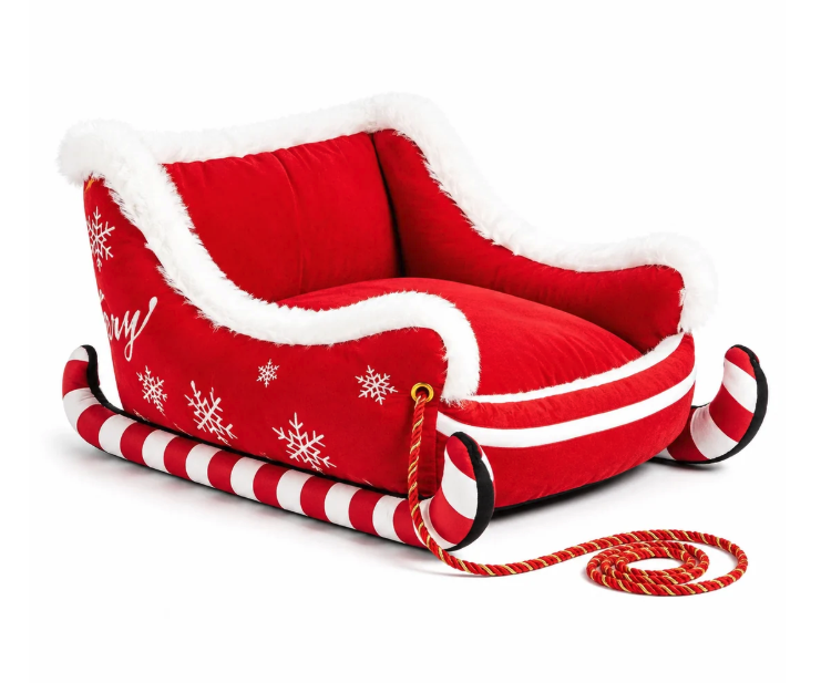 MerryTail Red Sleigh Christmas dog bed - red velour with white faux-fur trim, snowflake embroidery and candy-cane striped runners