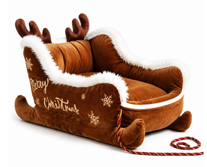 MerryTail Reindeer Sleigh Christmas dog bed - brown with gold Merry Christmas script, standing antlers and curled runners