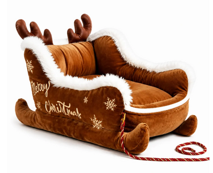 MerryTail Reindeer Sleigh Christmas dog bed - brown with gold Merry Christmas script, standing antlers and curled runners