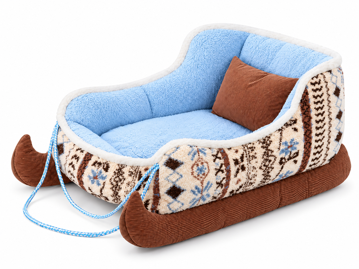 MerryTail Nordic Sleigh dog bed - Fair Isle sherpa with blue interior, corduroy runners and throw pillow