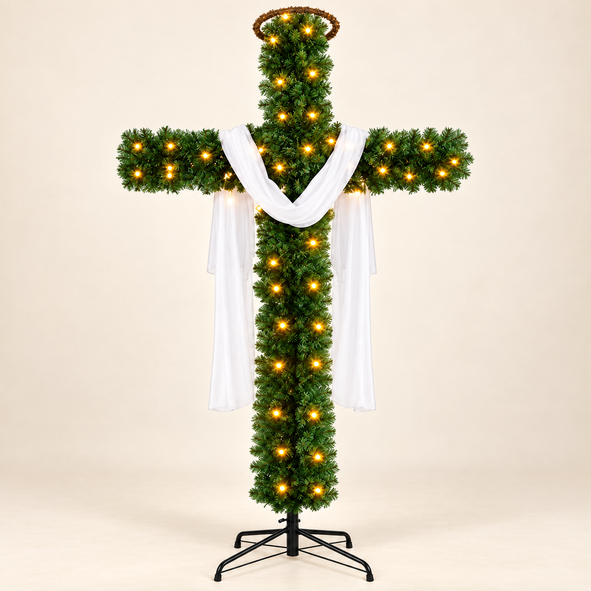 FaithGlow 6 ft pre-lit Christmas cross tree with halo and white drape