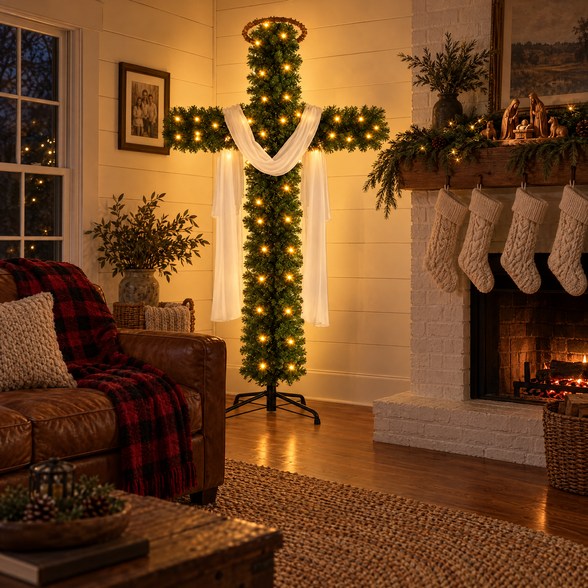 FaithGlow cross tree glowing in a farmhouse living room at night