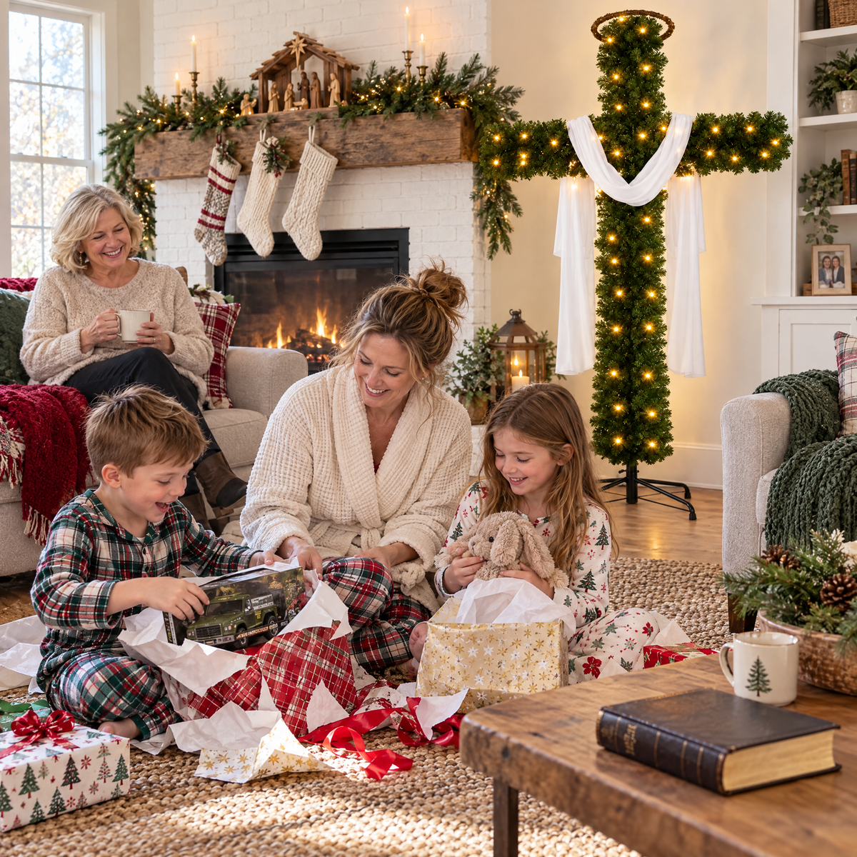 Family opening presents on Christmas morning beside the FaithGlow cross tree