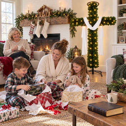 Family opening presents on Christmas morning beside the FaithGlow cross tree