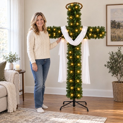 Woman standing next to the 6 ft FaithGlow cross tree for scale