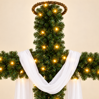 Close-up of the halo ring, pine branches and warm white LED lights
