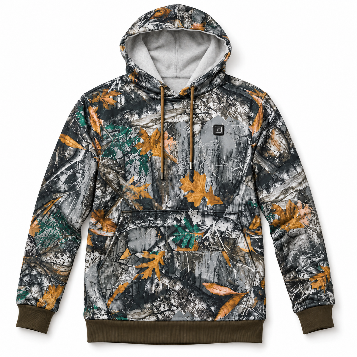 BuckHeat heated hunting hoodie in autumn woodland camo, front view