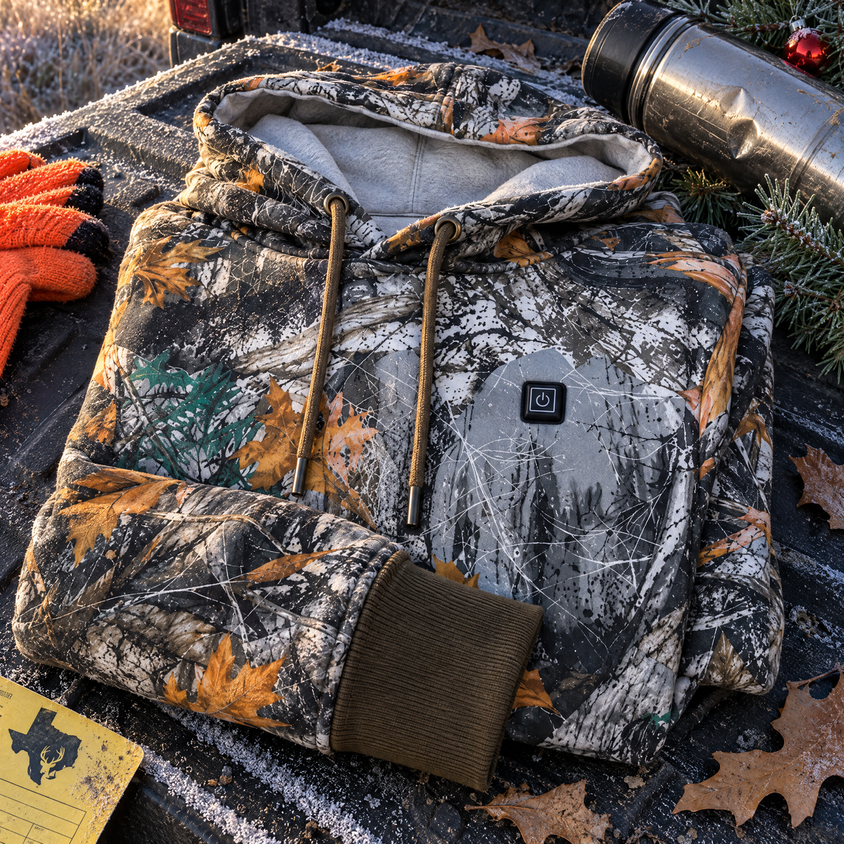 Close-up of the BuckHeat chest power button and camo fabric